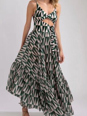 PatBO Geometric Print Green and Cream Maxi Beach Dress